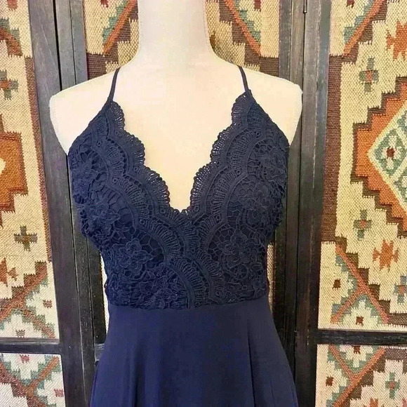 Lulus Womens Blue Madalyn V-Neck Lace & Chiffon Full Length A-Line Gown Medium - Picture 3 of 8